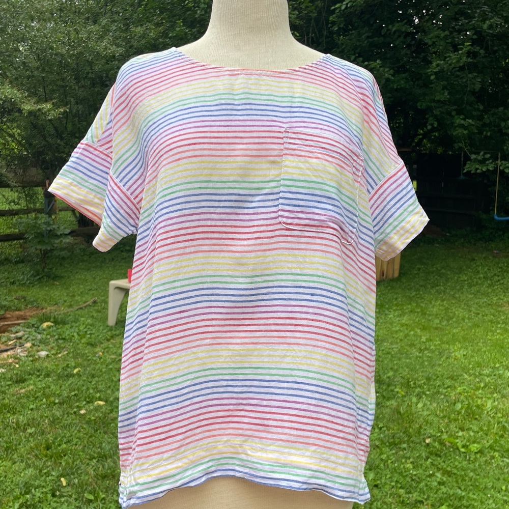 Lands' End Rainbow Stripe Linen Tee Size Small